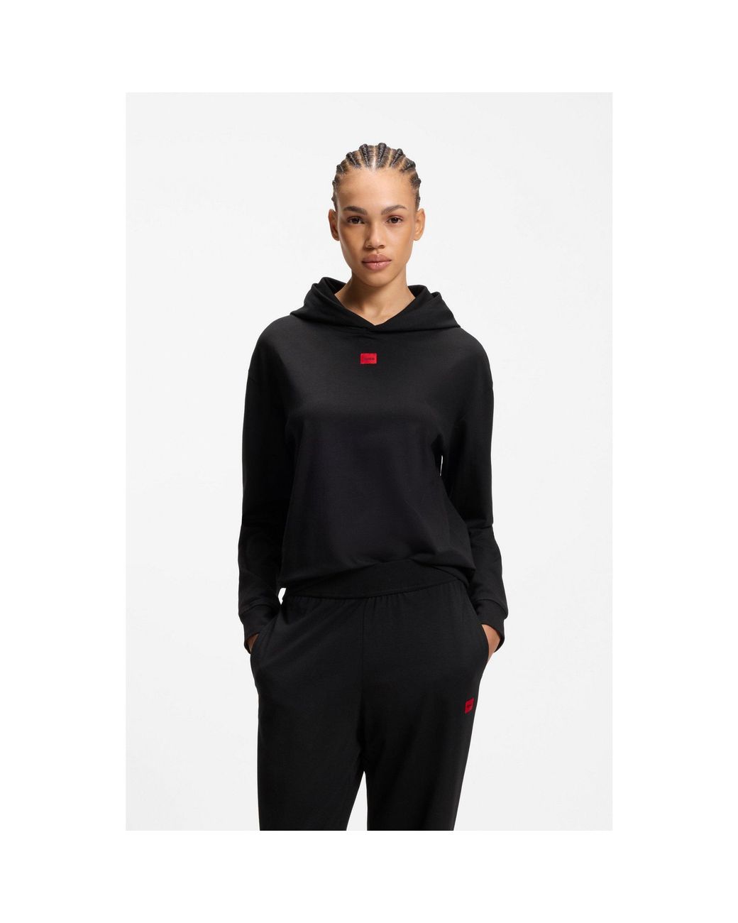 HUGO Black Stretch-Jersey Hoodie With Logo Label