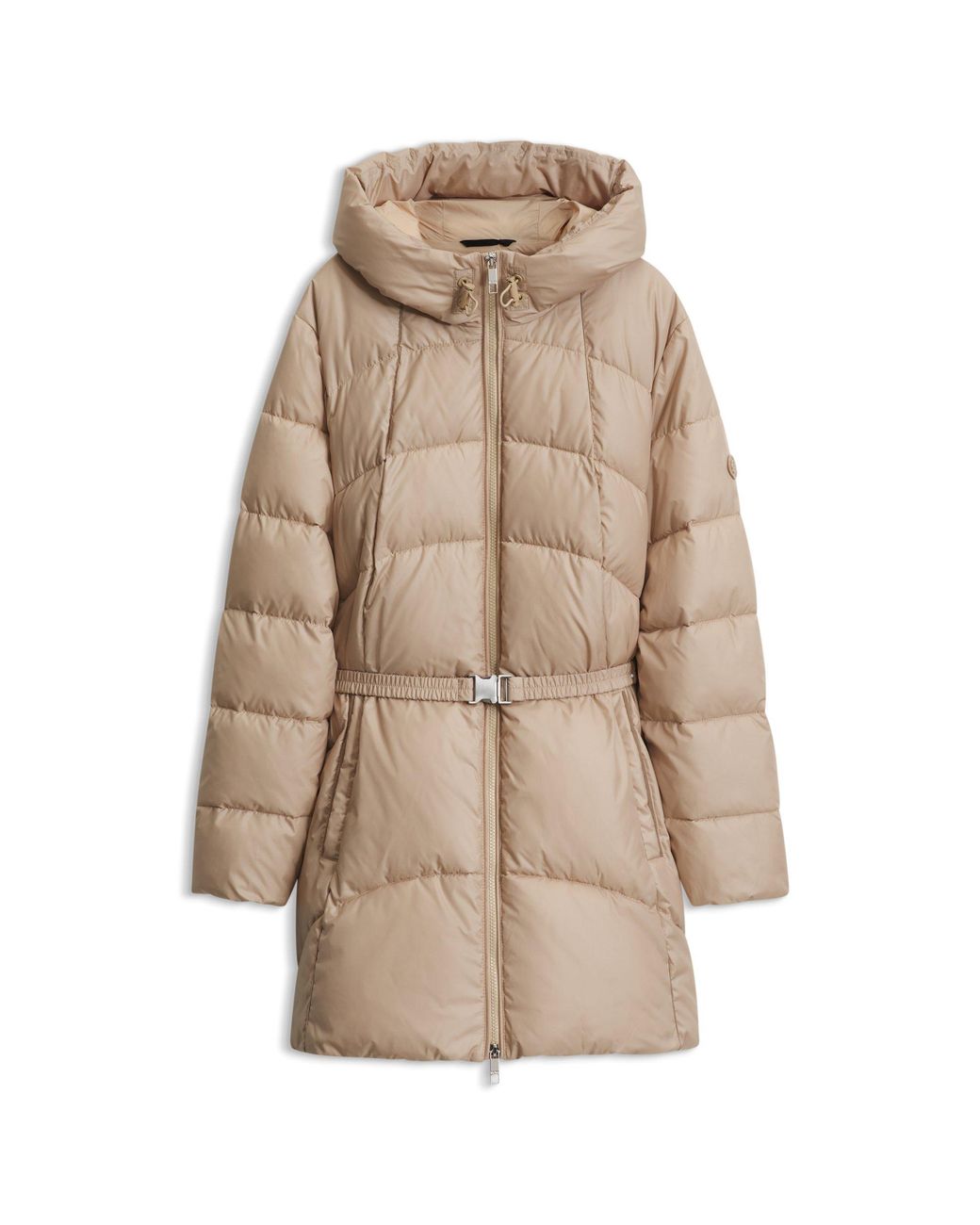 Boss Natural Knee-Length Hooded Jacket With Removable Belt