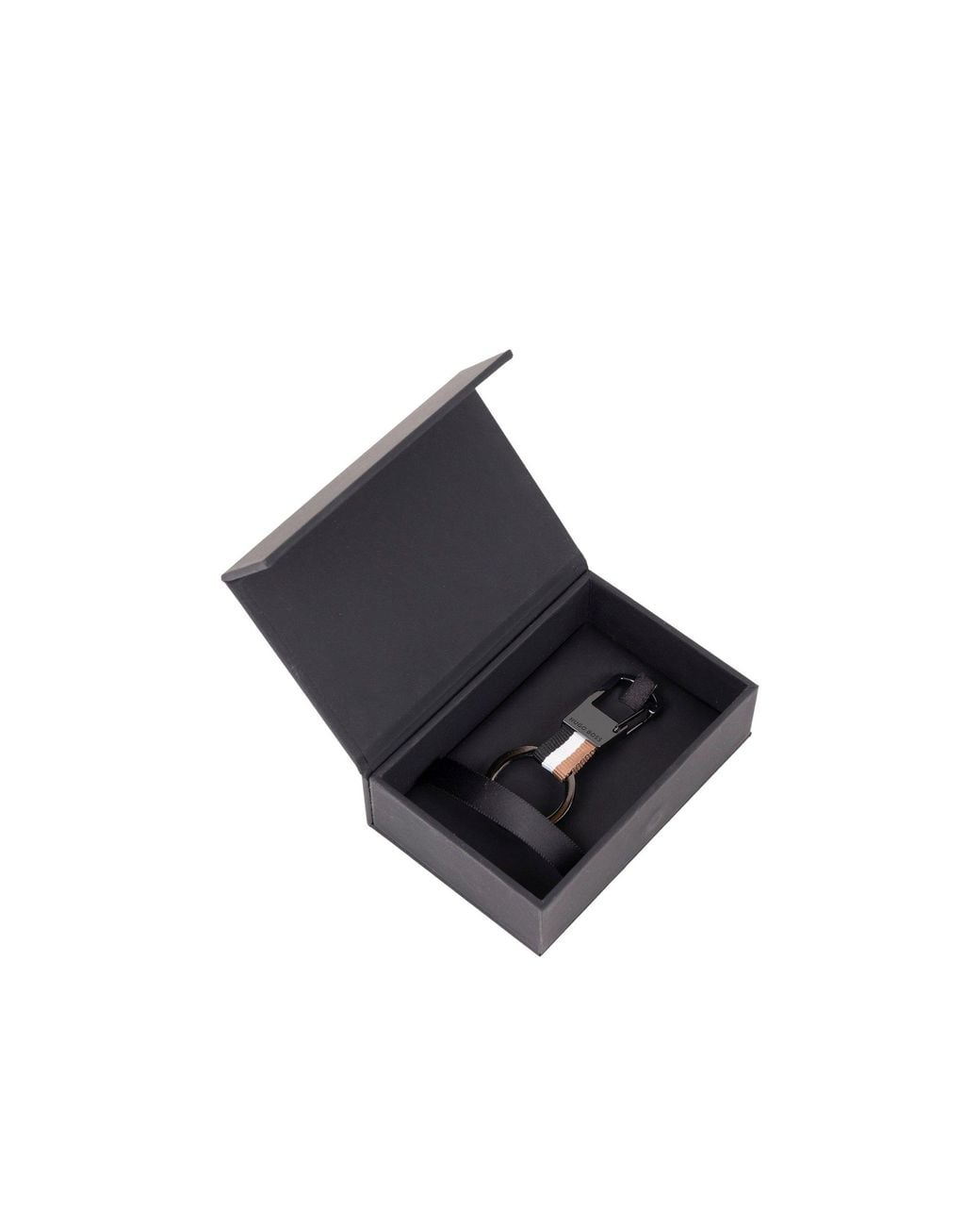 Boss Black Signature-Stripe Key Ring With Dark-Chrome Accents