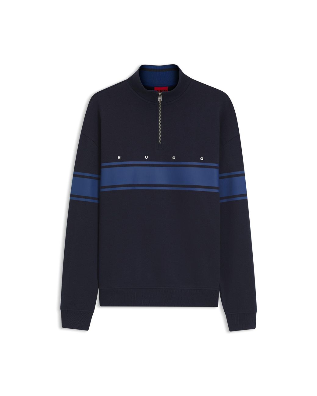 HUGO Blue Zip-Neck Cotton Sweatshirt With Printed Stripes for men