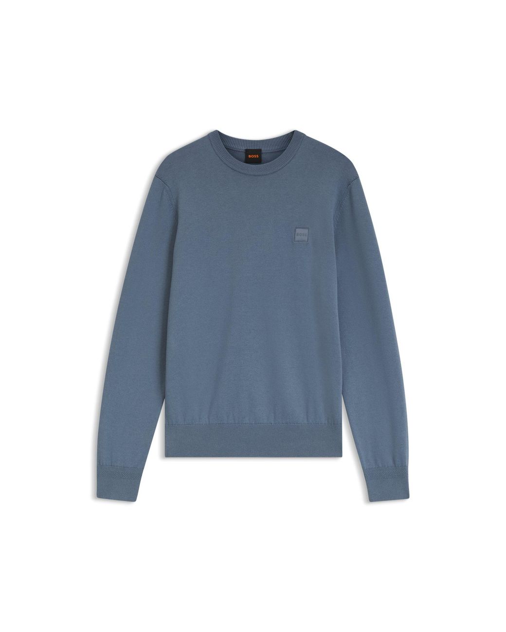 Boss Blue Cotton-Blend Sweater With Logo Patch for men