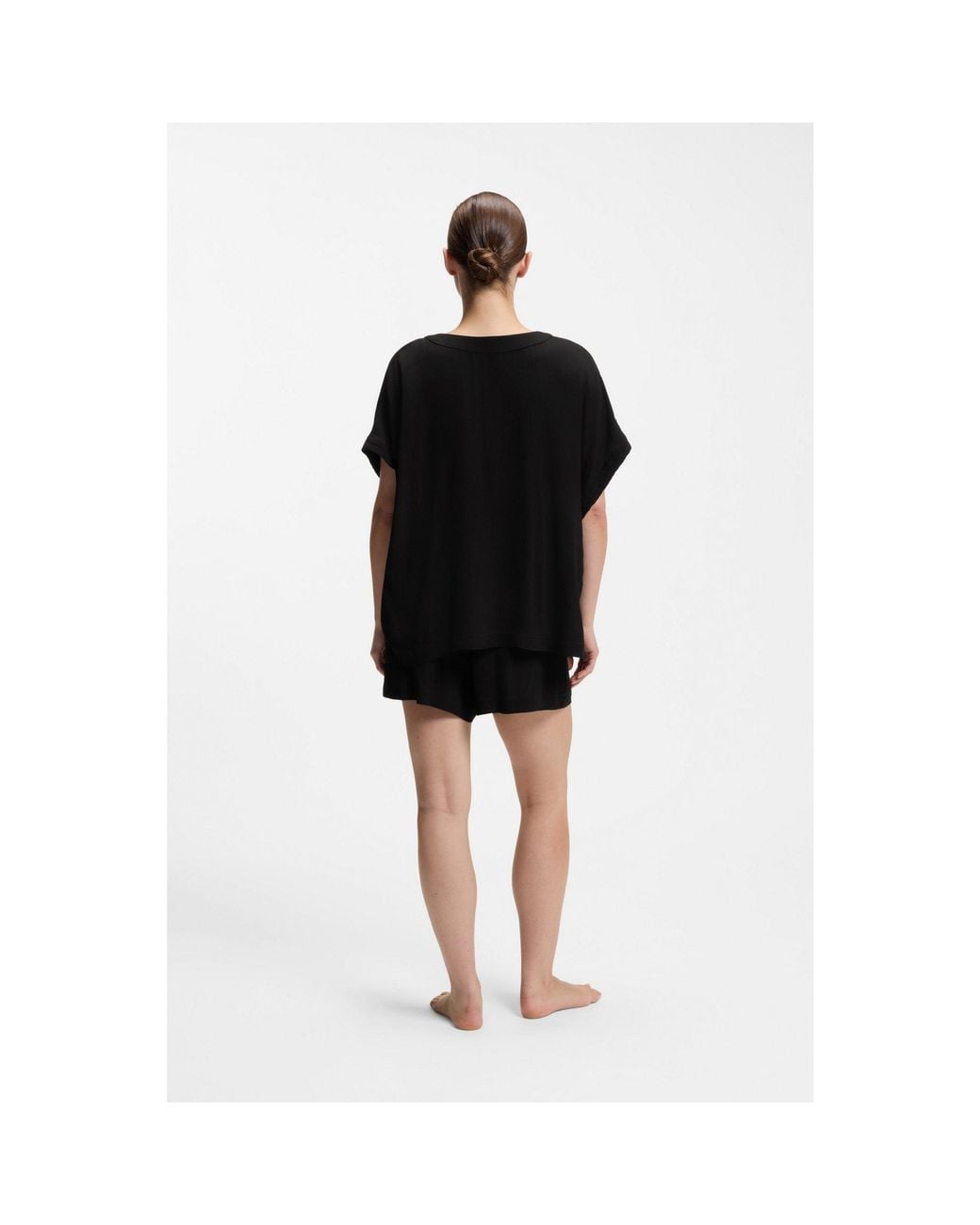 Boss Black Crepe V-Neck Top With Double B Monogram Buckle