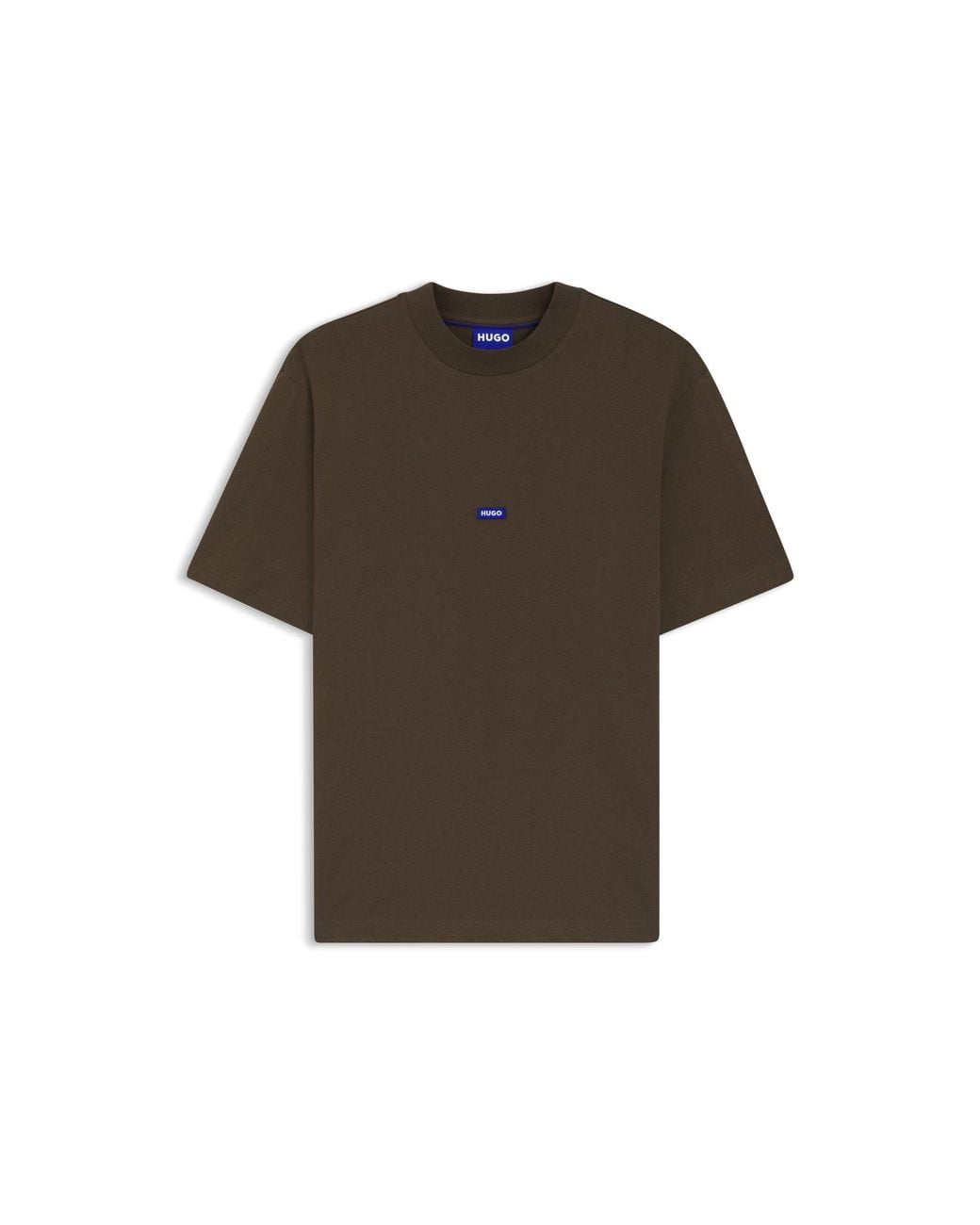 HUGO Brown Ribbed-Neck Cotton T-Shirt With Logo Badge for men