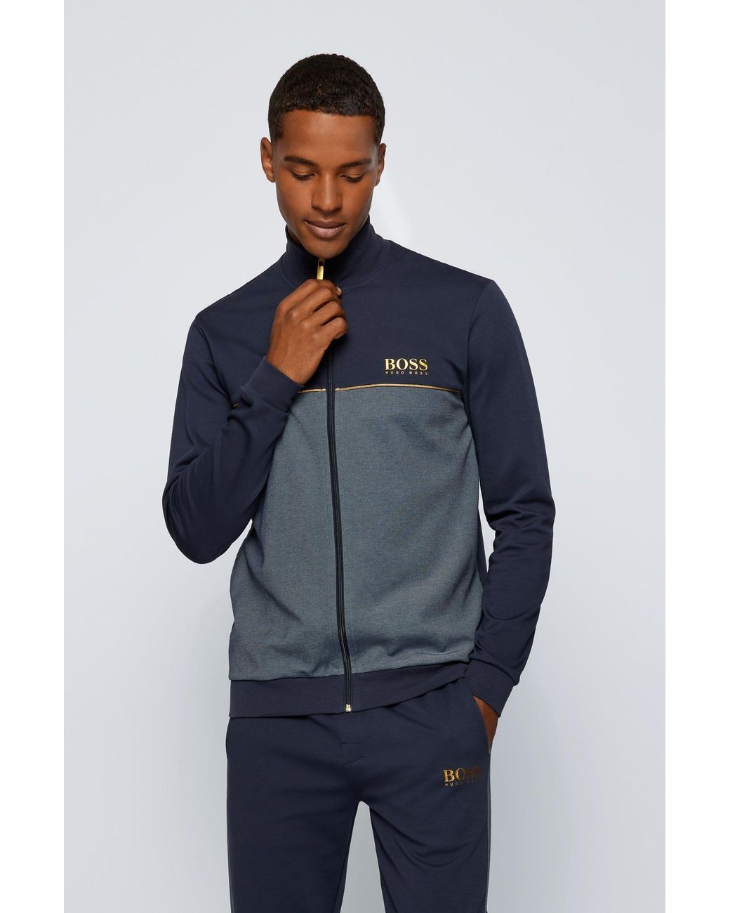 BOSS by HUGO BOSS Cotton-blend Piqué Tracksuit Jacket With Metallic Details  In Dark 50465026 403 in Blue for Men | Lyst UK