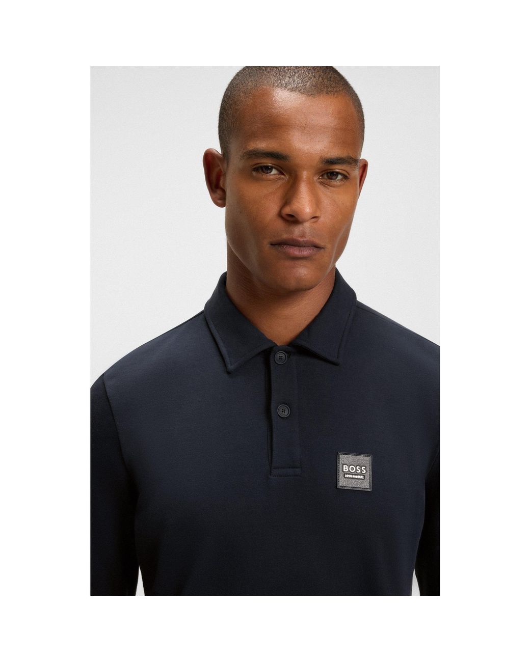 Boss Blue Equestrian Stretch-Cotton Knit Polo With Logo Patch for men