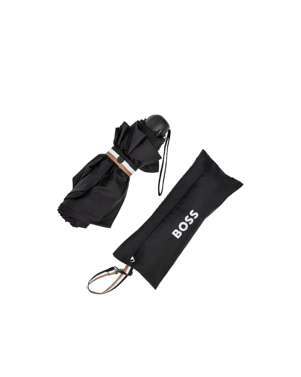 Boss Black Mini Umbrella With Signature-Stripe Closing Strap