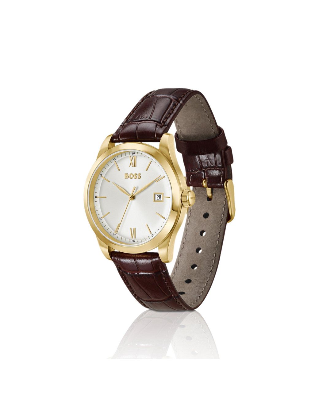 Boss White Langford--Dial Watch With Emed Leather Strap for men