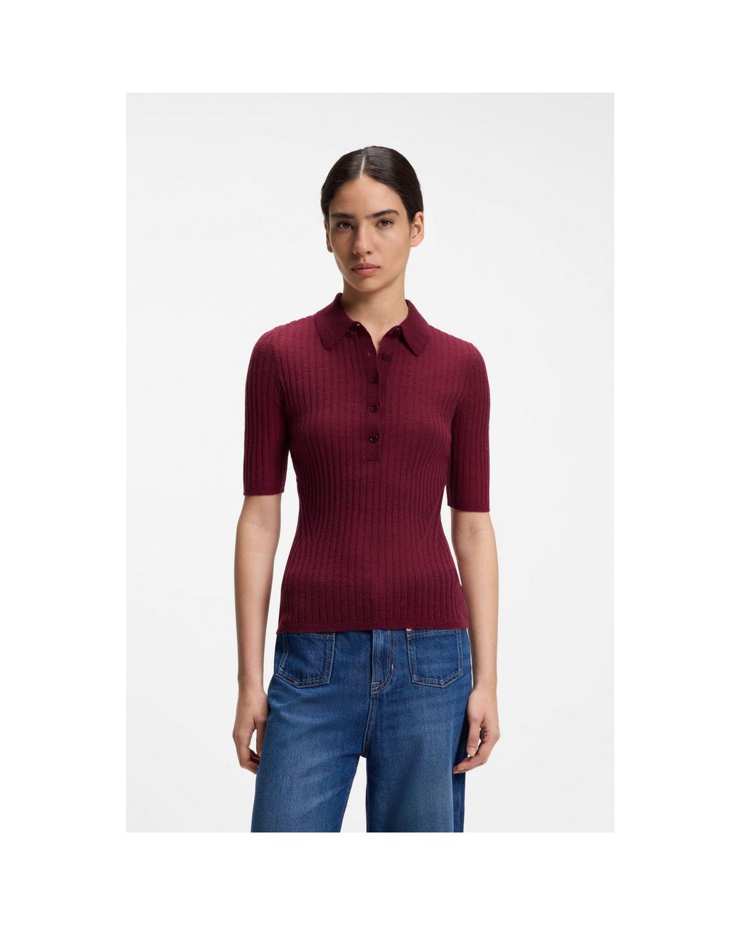 Boss Red Short-Sleeved Wool-Blend Sweater With Polo Collar