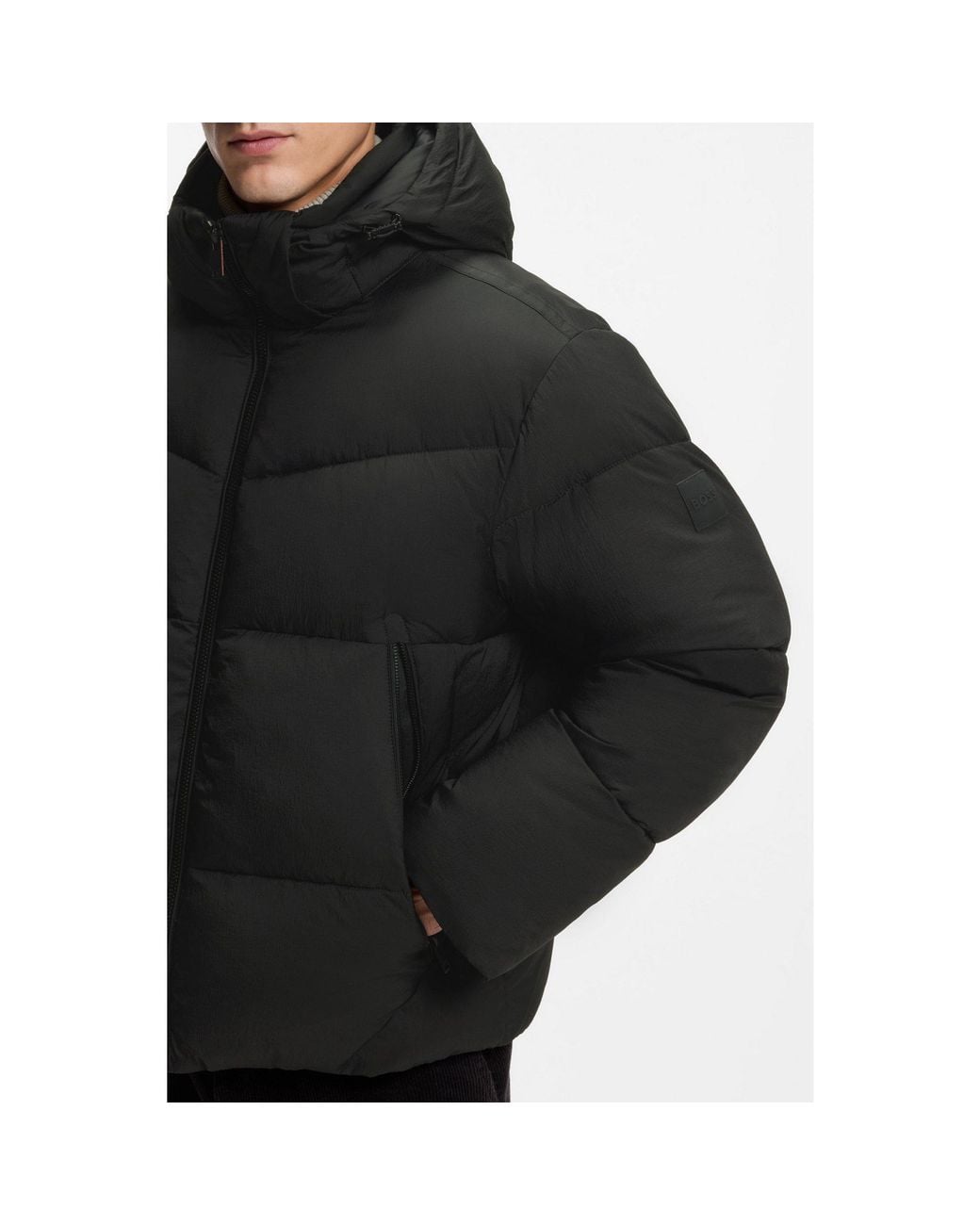 Boss Black Water-Repellent Puffer Jacket With Detachable Hood for men