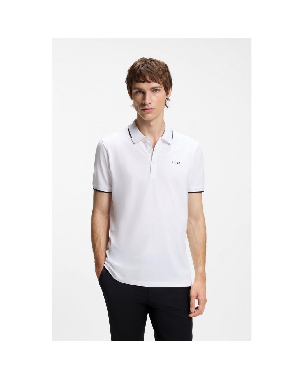 HUGO White Stretch-Cotton Slim-Fit Polo Shirt With Contrast Trims for men
