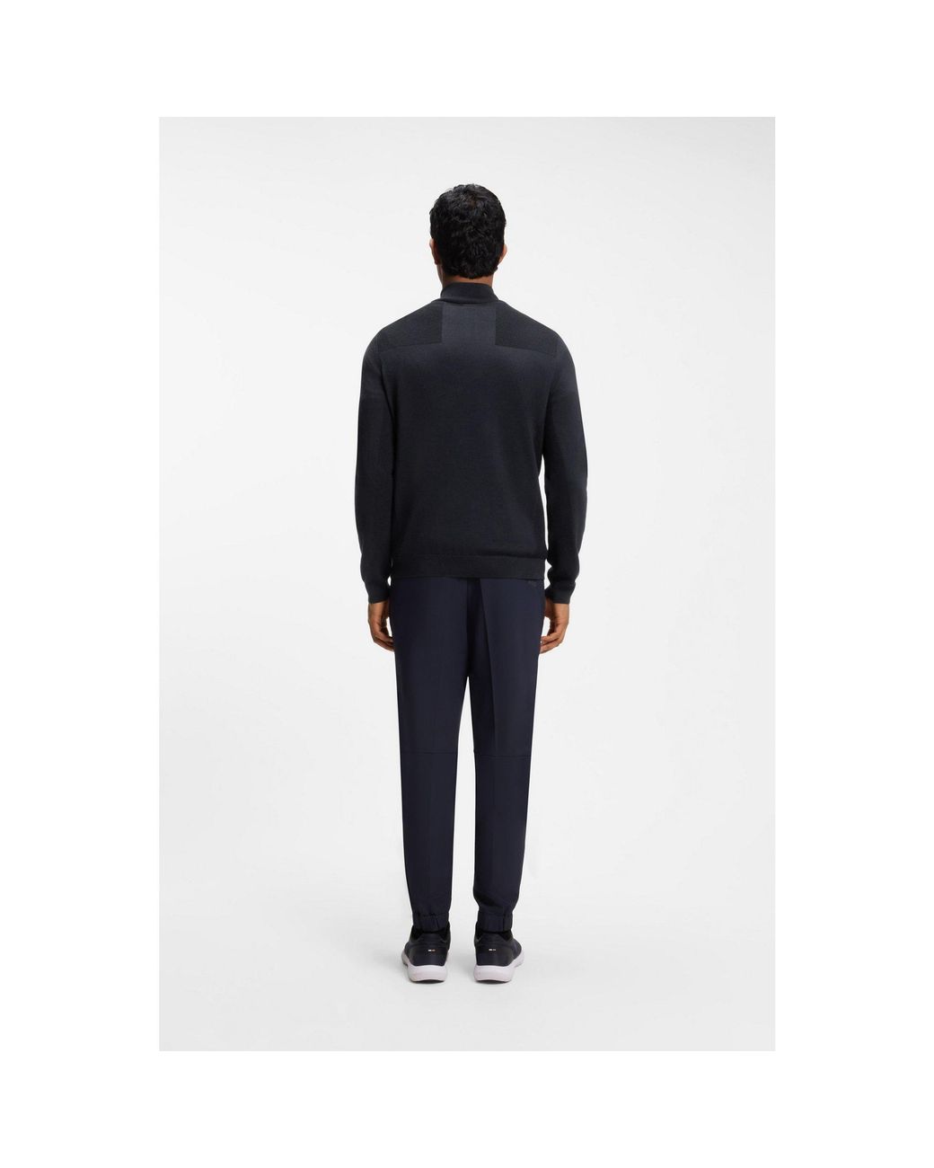 Boss Blue Zip-Neck Virgin Wool-Blend Sweater With Logo for men