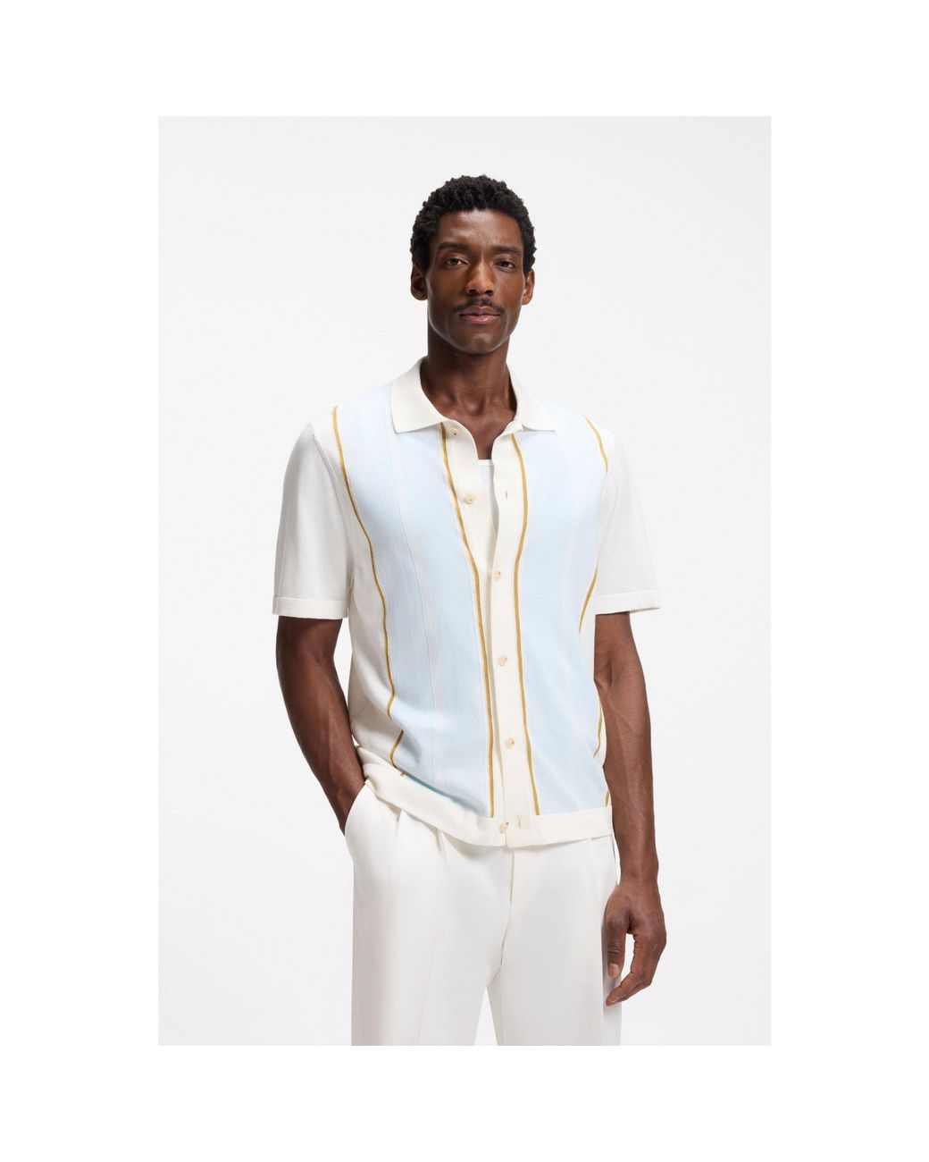 Boss White Colour-Blocked Cardigan With Wing Collar for men