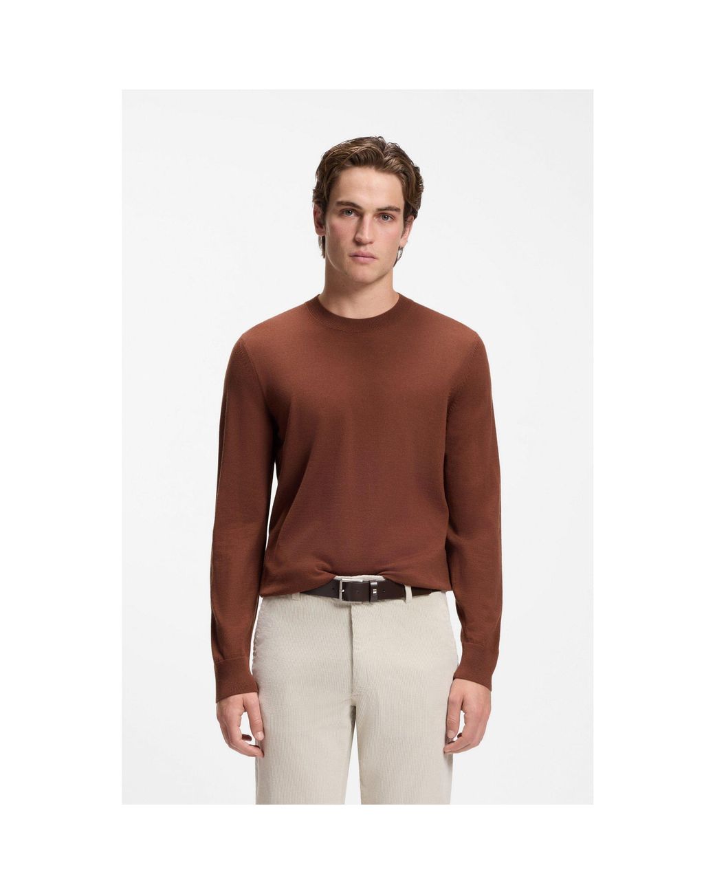 Boss Brown Crew-Neck Sweater Crafted From Virgin Wool for men