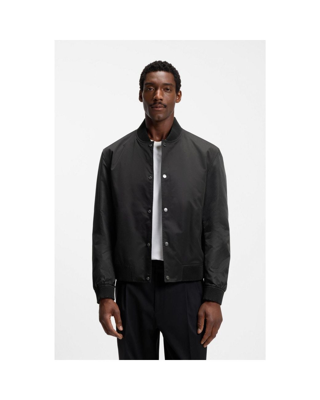 Boss Black Water-Repellent Jacket With Monogram-Pattern Sleeves for men