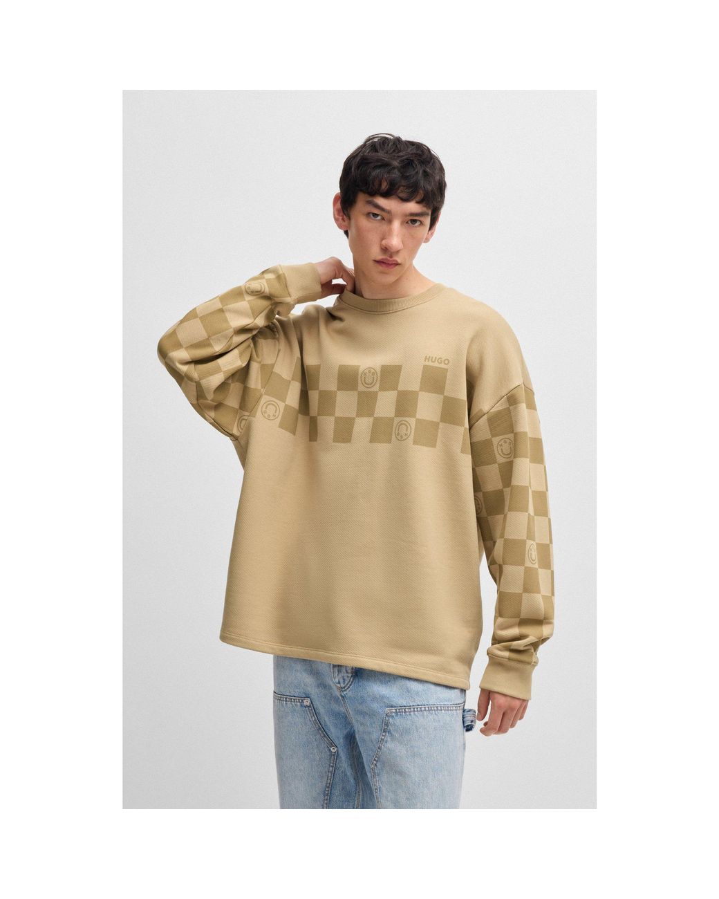 HUGO Cotton Terry Loose Fit Sweatshirt With Checkerboard Print in Natural for Men Lyst UK