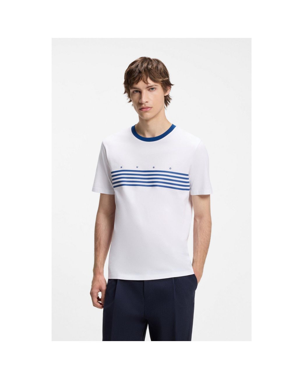 HUGO White Cotton T-Shirt With Printed Stripes for men