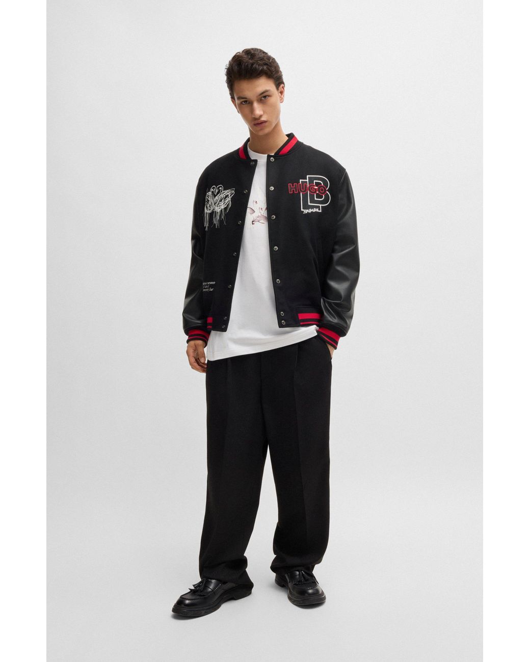 HUGO X Les Benjamins Bomber Jacket With Special Graphics in Black