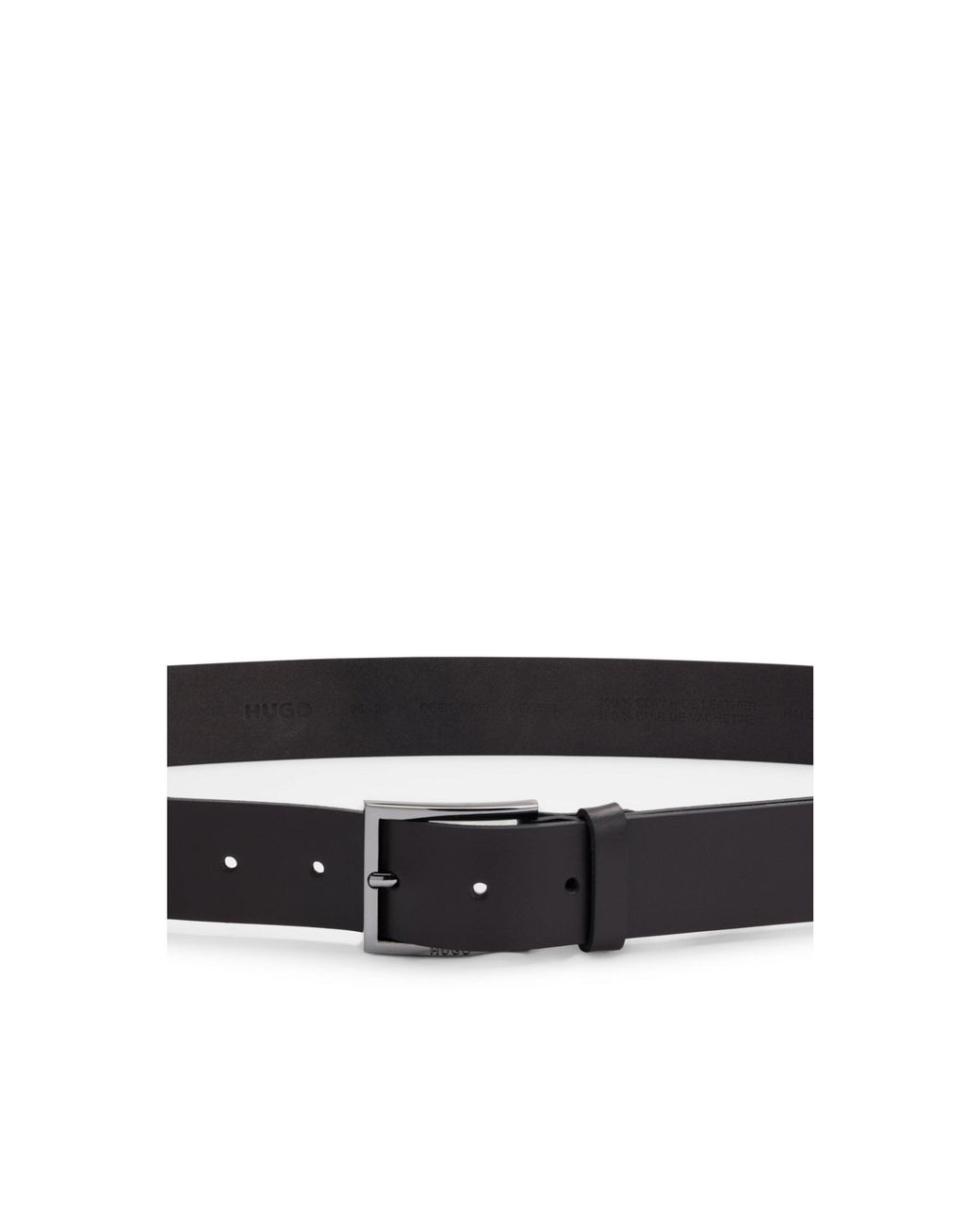 HUGO Black Leather Belt With Engraved-Logo Buckle for men