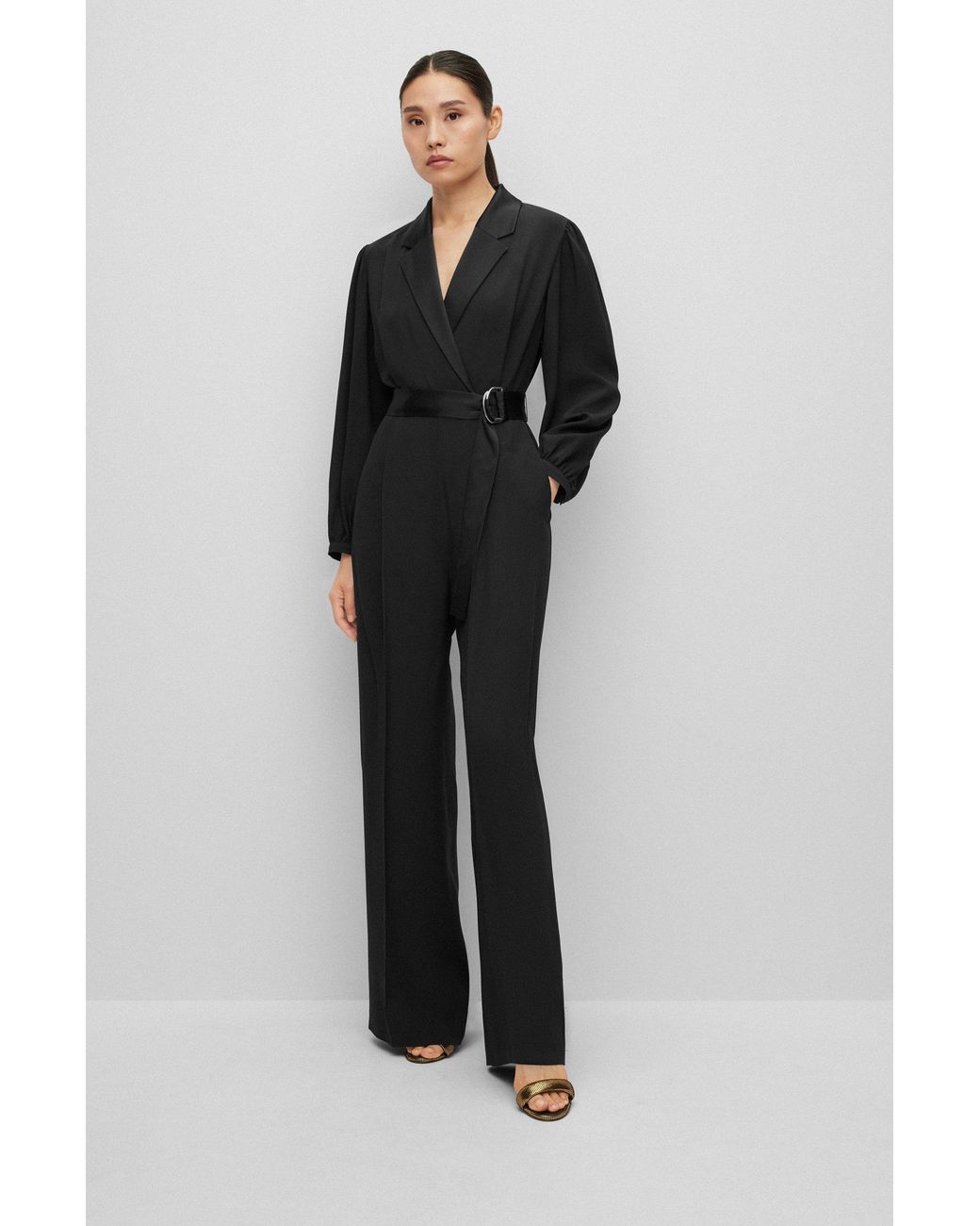 BOSS by HUGO BOSS Crepe Jumpsuit With Tonal Silken Trims in Black