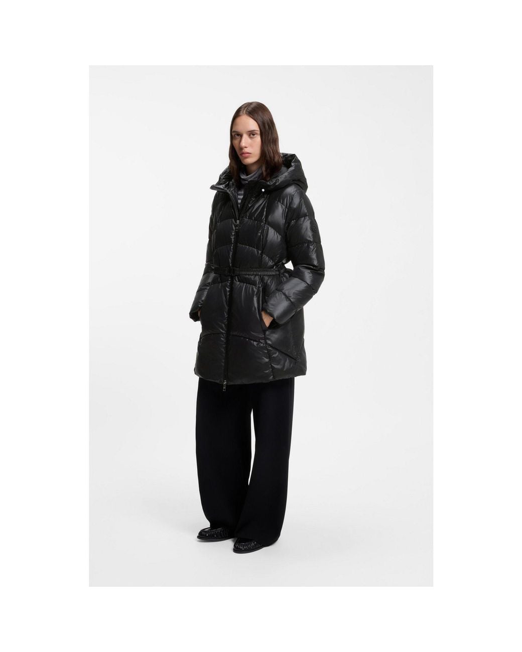 Boss Black Knee-Length Hooded Jacket With Removable Belt