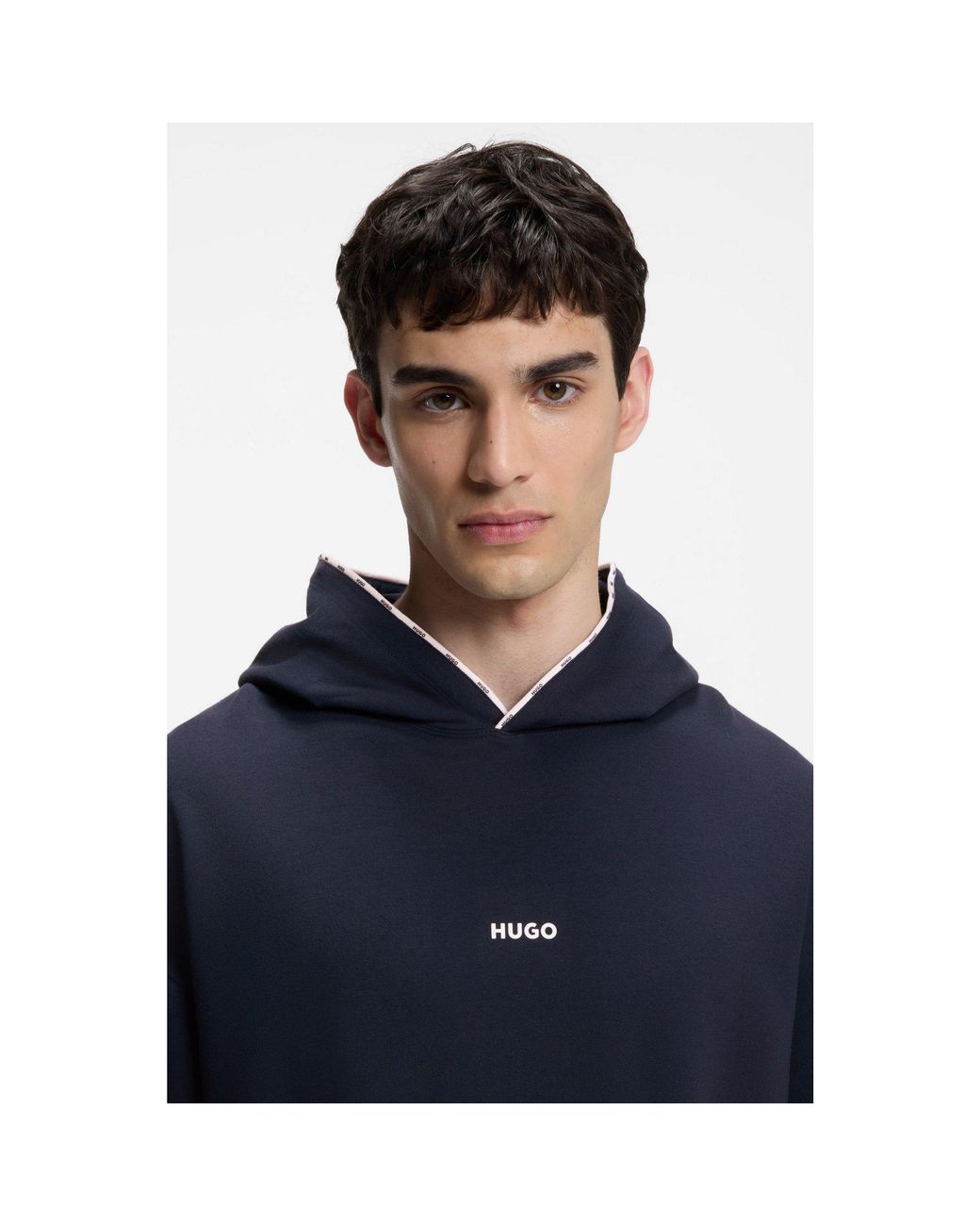 HUGO Blue Relaxed-Fit Hoodie With Branded Contrast Piping for men