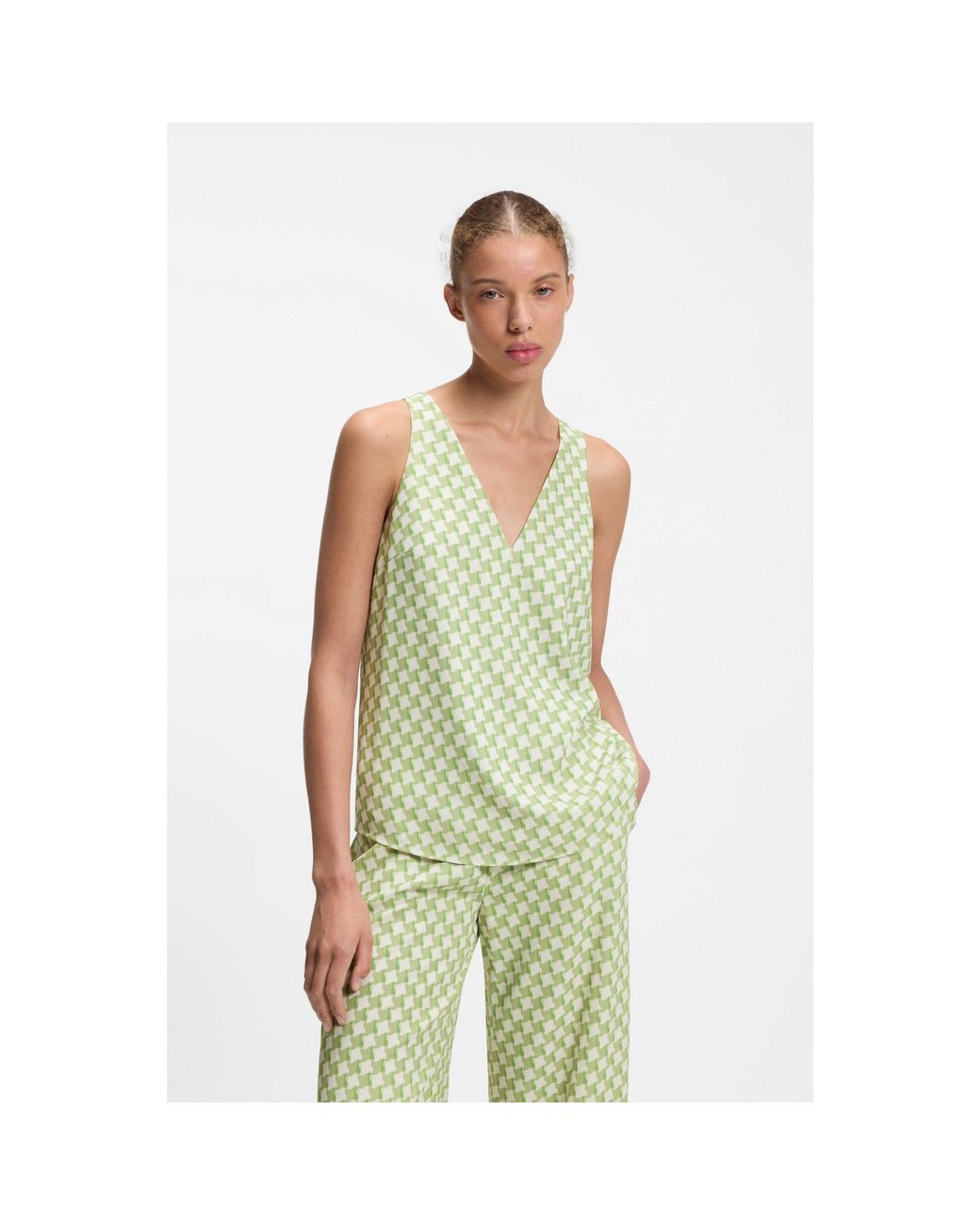 HUGO Green Geometric-Print Sleeveless Top With Sequins