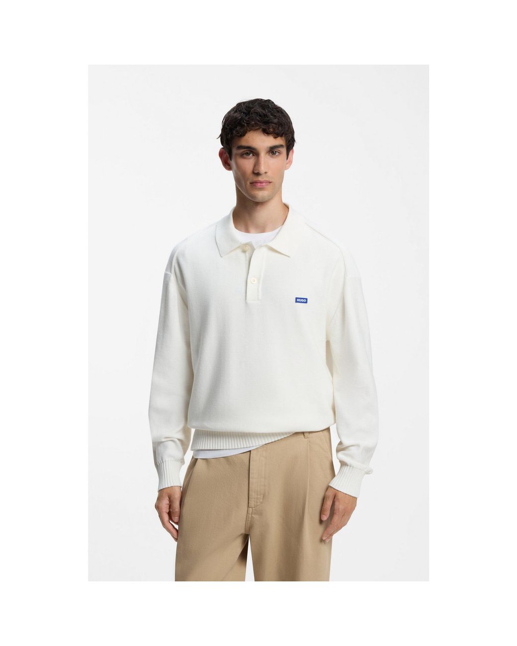 HUGO White Oversized-Fit Polo Sweater for men