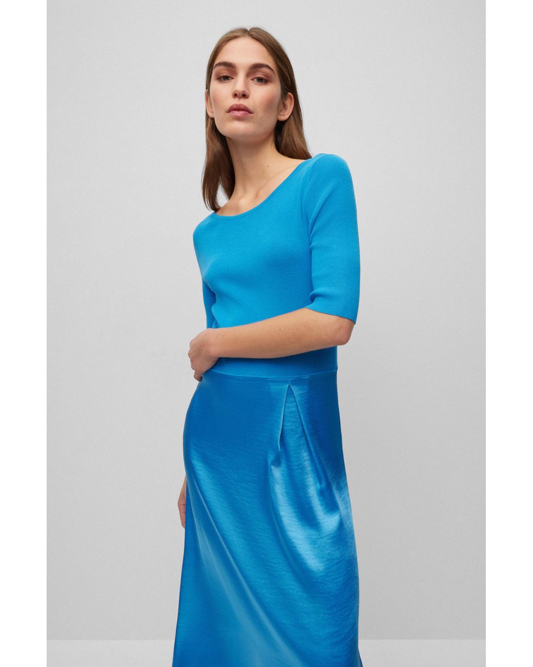 BOSS by HUGO BOSS Mixed-material Dress With Satin Skirt Part in Blue | Lyst