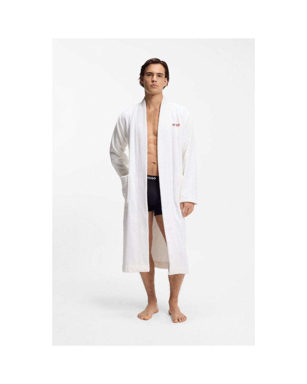 HUGO White Cotton-Terry Dressing Gown With Embroidered Logo for men