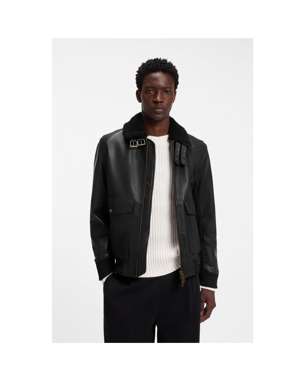 HUGO Black Padded Leather Jacket With Shearling Details for men