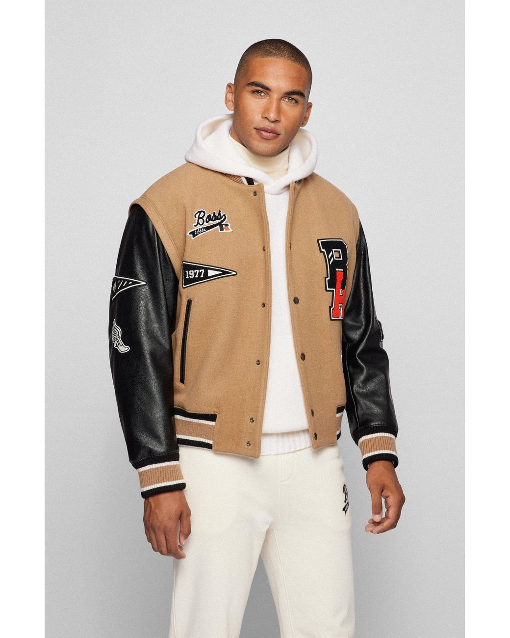 BOSS by HUGO BOSS Wool-blend Varsity Jacket With Branded Patches- Beige  Men's Casual Jackets Size 42r in Natural for Men | Lyst