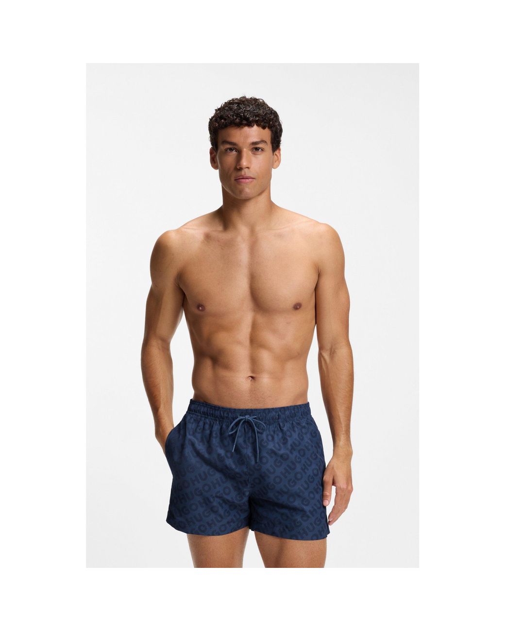 HUGO Blue Quick-Dry Swim Shorts With Logo Print for men