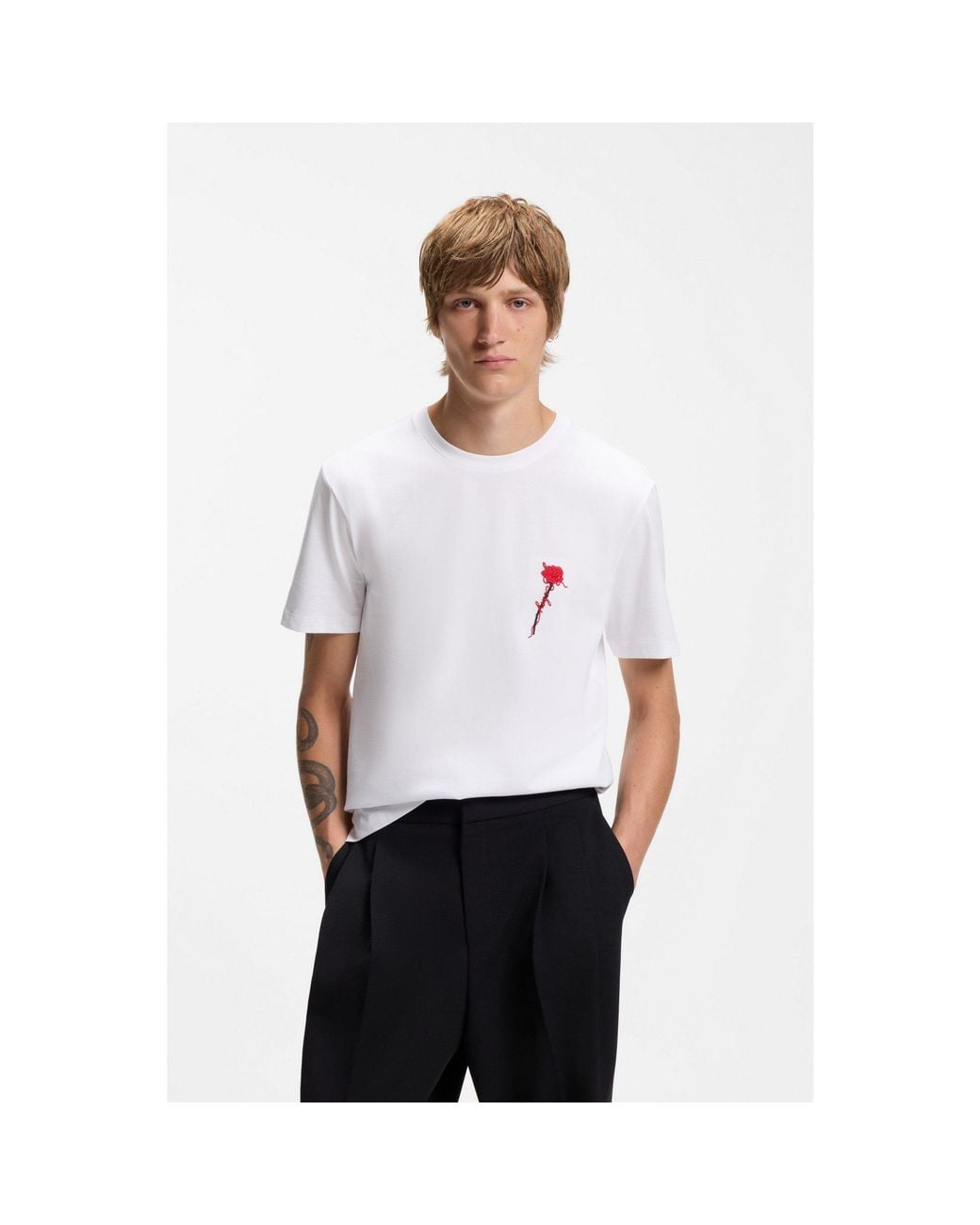 HUGO White Cotton T-Shirt With Logo Artwork for men