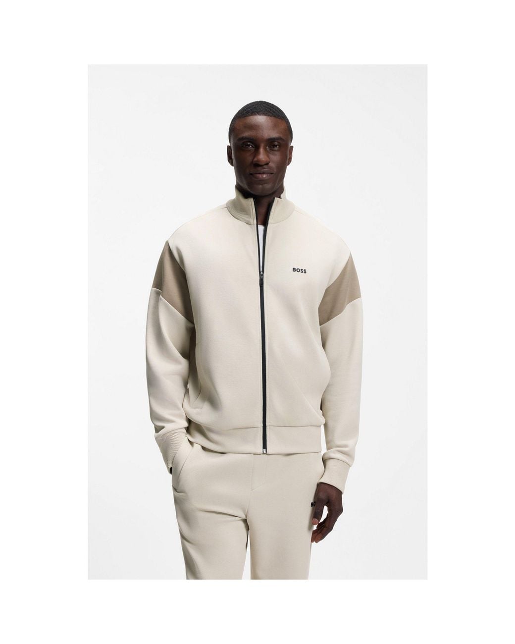 Boss Natural Zip-Up Cotton-Blend Sweatshirt With Contrast Inserts for men