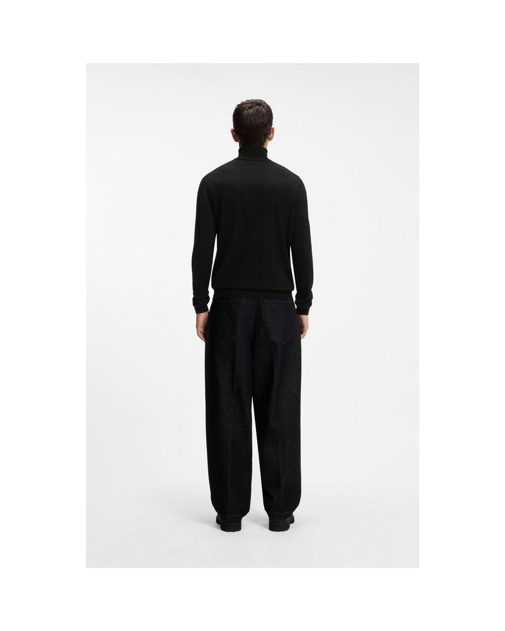 HUGO Black Merino-Wool Rollneck Sweater With Embroidered Logo for men