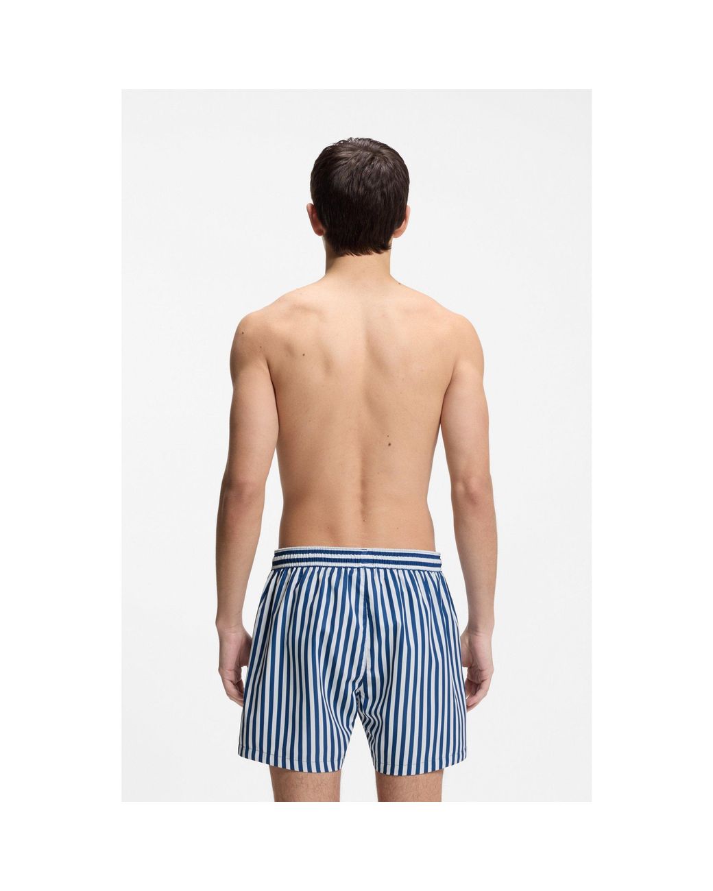 HUGO Blue Striped Swim Shorts With Vertical Logo for men