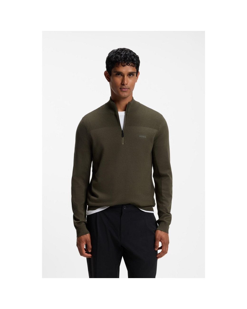 Boss Black Zip-Neck Virgin Wool-Blend Sweater With Logo for men