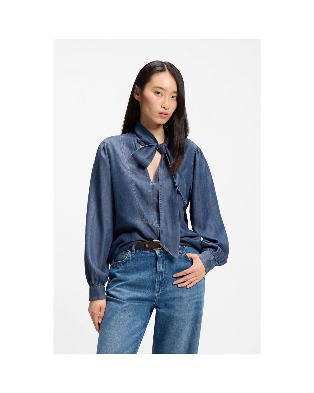 Boss Blue Denim-Look Blouse With Scarf Detail