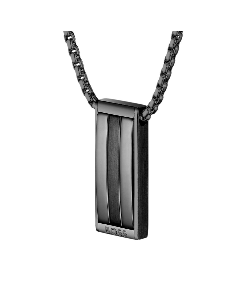 Boss Metallic Stainless-Steel Necklace With Stripe-Effect Pendant for men