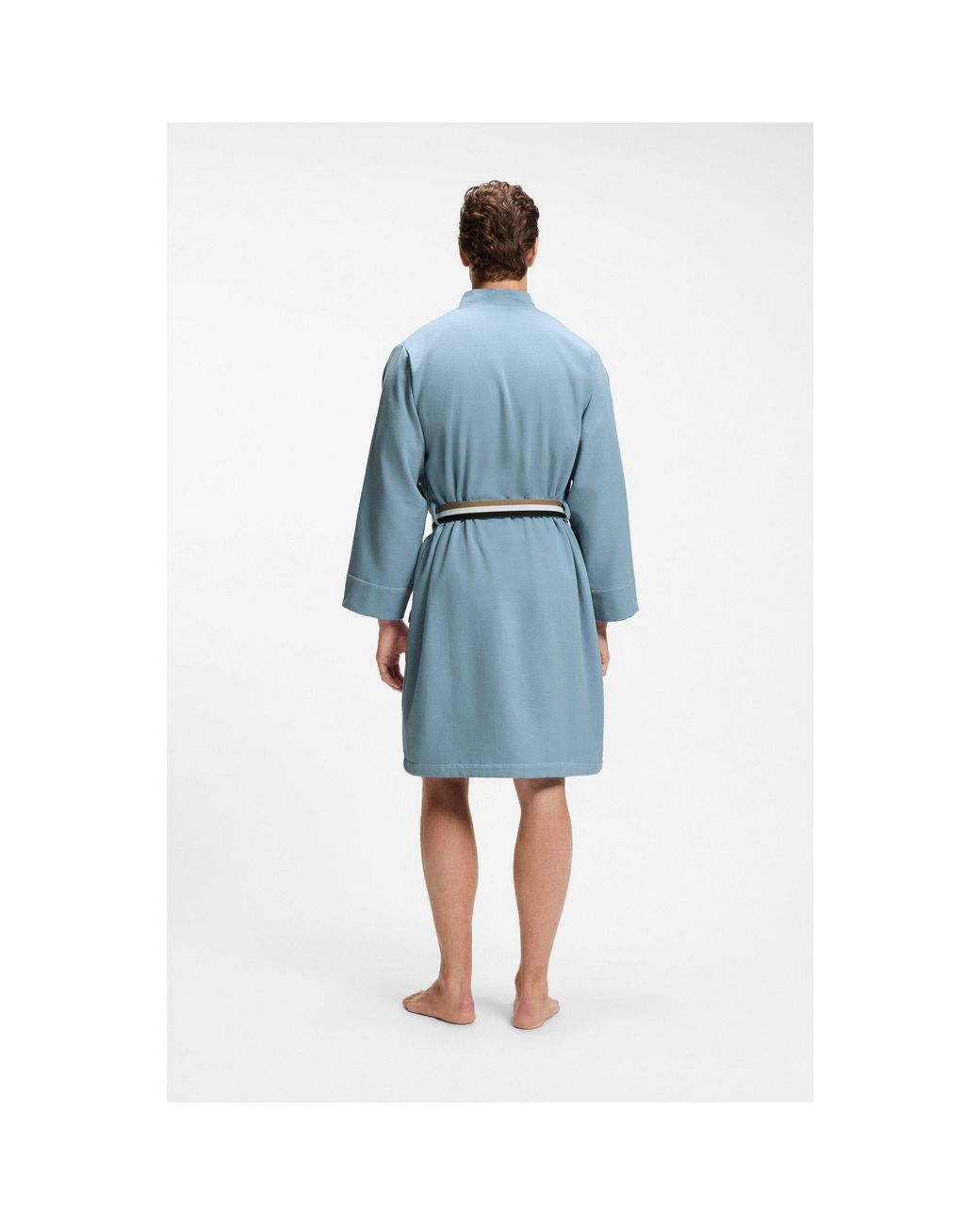 Boss Blue Cotton Dressing Gown With Signature-Stripe Belt