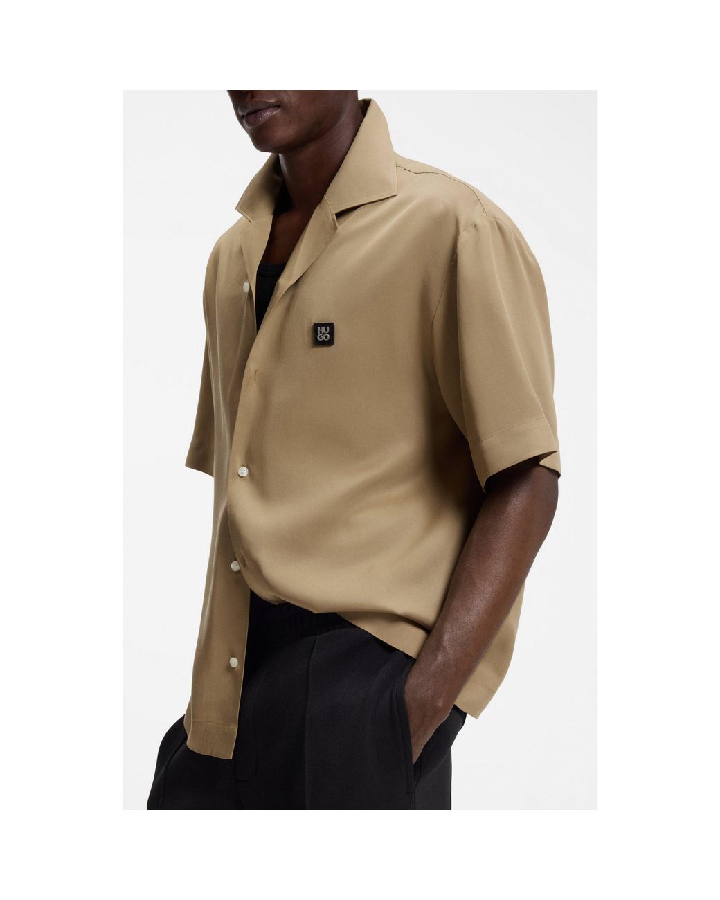 HUGO Natural Oversized-Fit Shirt With Stacked-Logo Trim for men