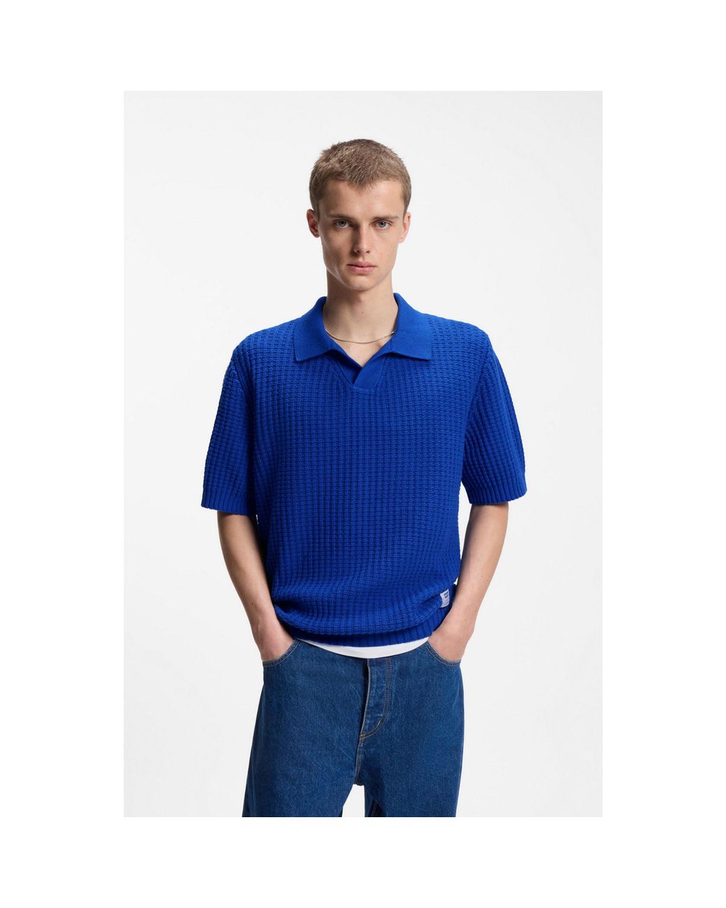 HUGO Blue Waffle-Structure Knit Polo With Johnny Collar for men