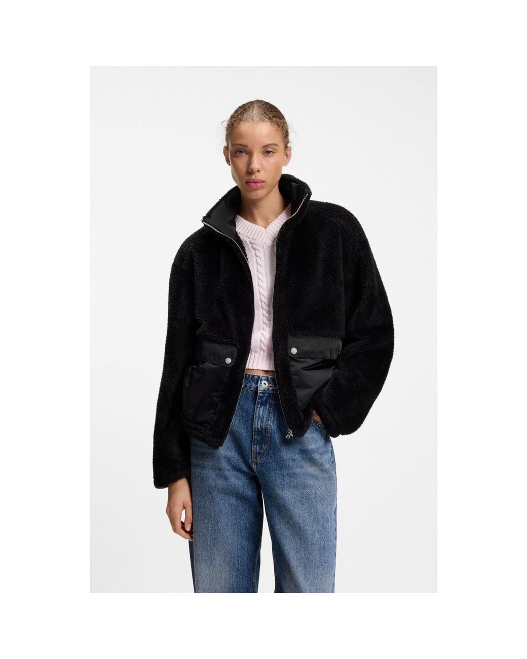 HUGO Black Faux-Fur Jacket With Contrasting Patch Pockets