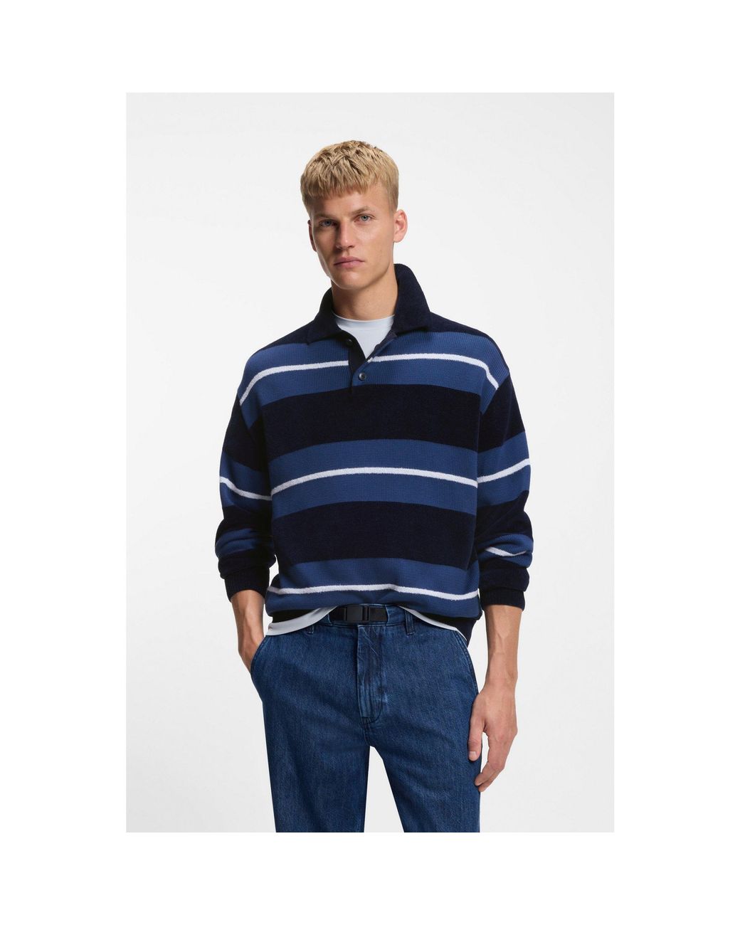 Boss Blue Cotton-Blend Knit Polo With Block Stripes for men