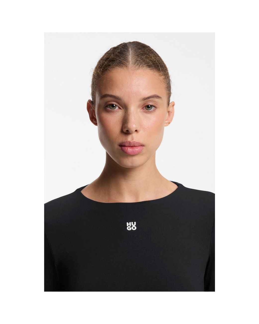HUGO Black Stretch-Jersey Top With Stacked-Logo Print