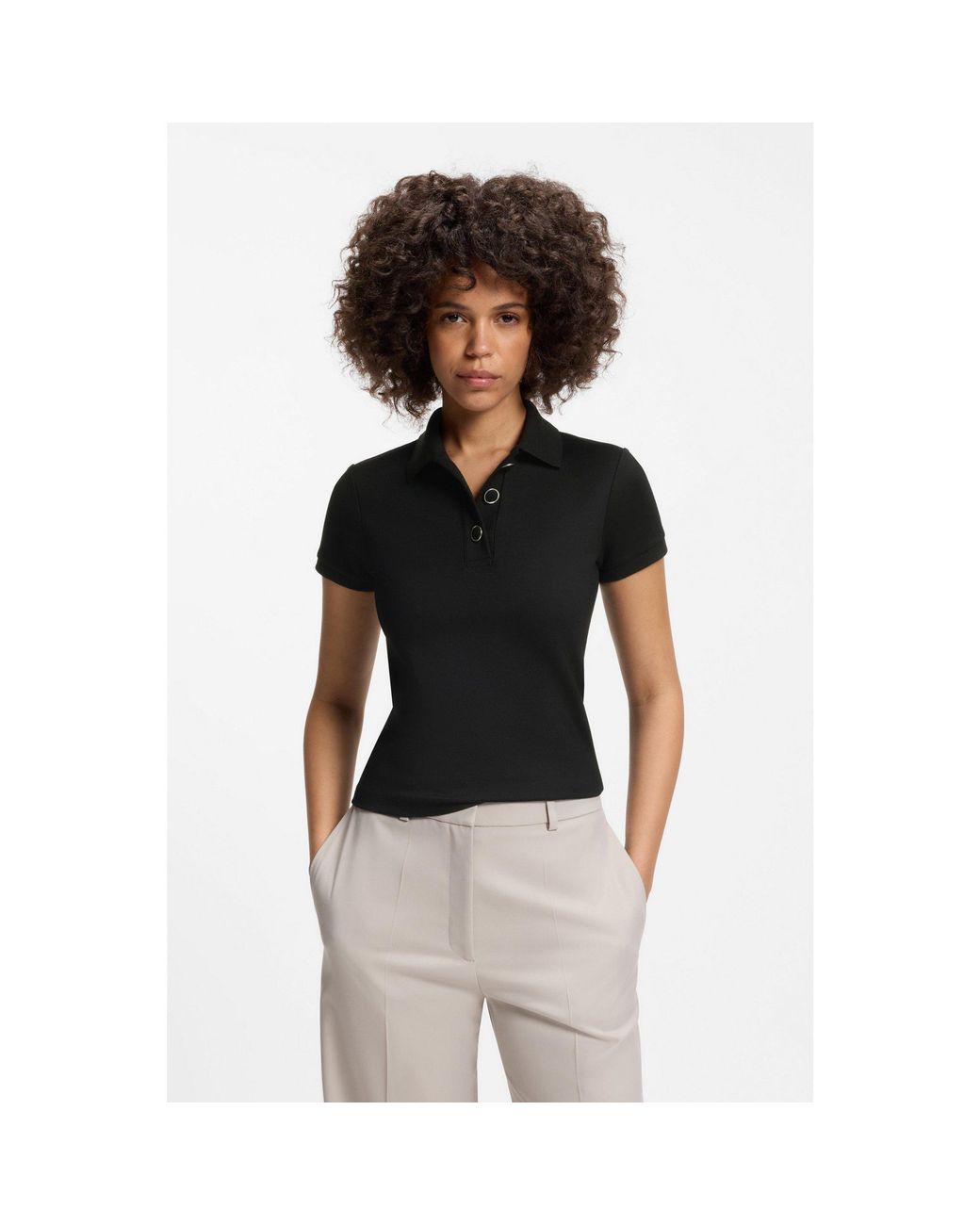 HUGO Black Slim-Fit Polo Shirt With Metal Buttons
