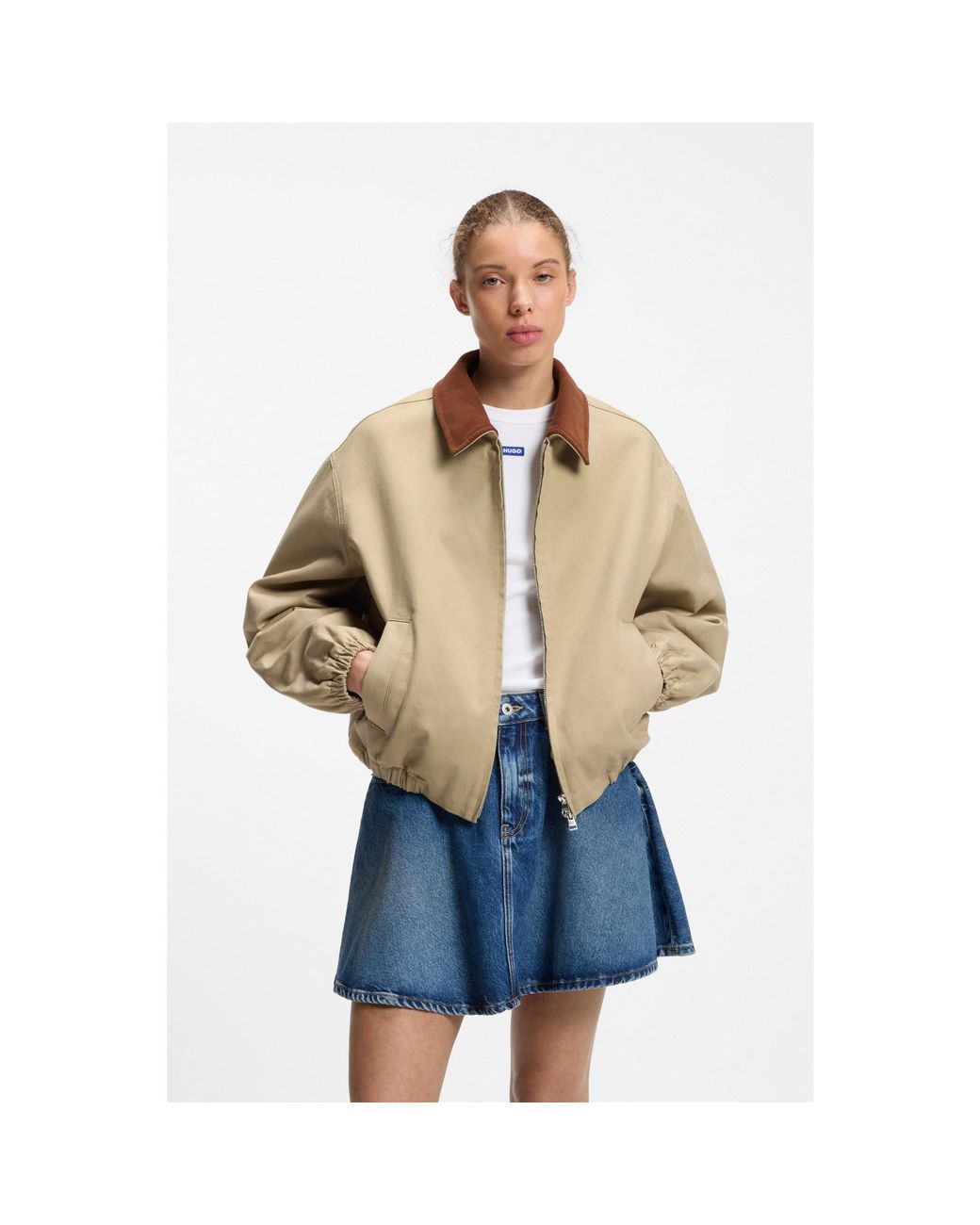 HUGO Blue Stretch-Cotton Jacket With Contrast Corduroy Collar