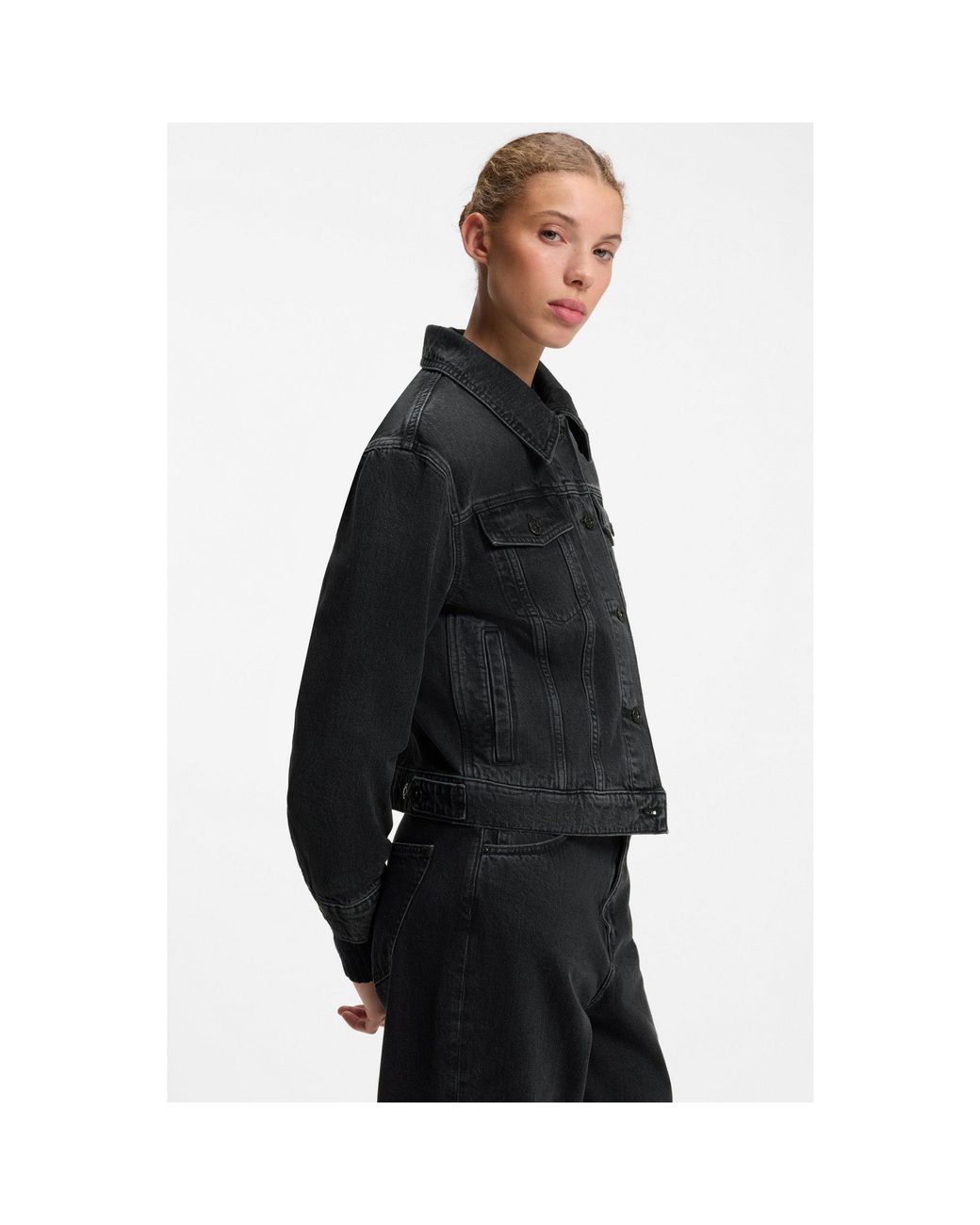 HUGO Black Denim Trucker Jacket With Detachable Shearling Collar