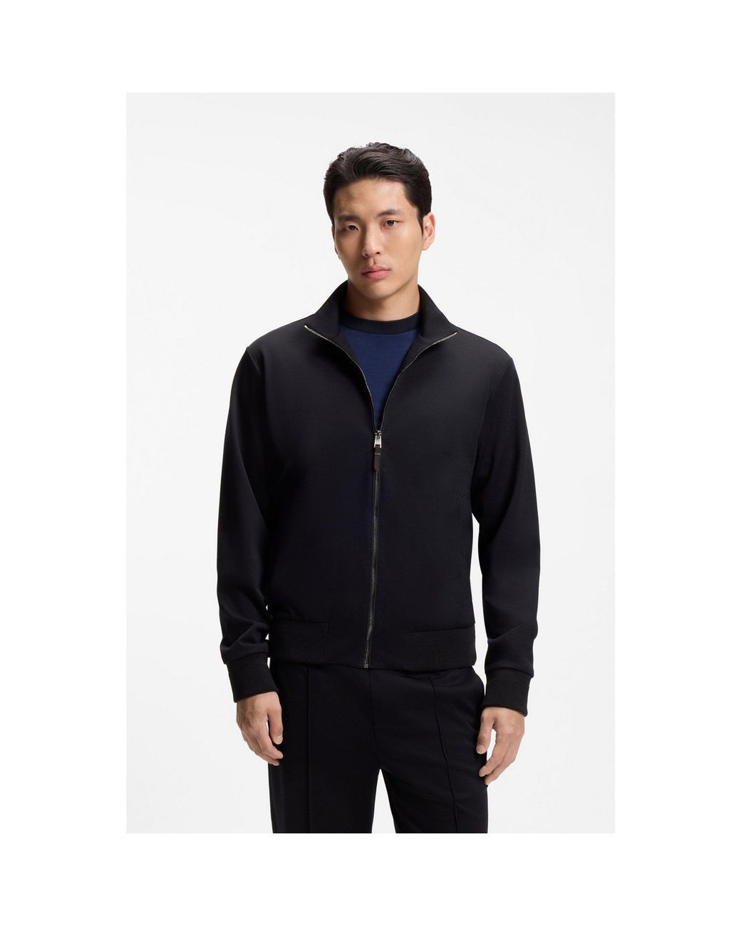 Boss Black Stand-Collar Wool-Blend Sweatshirt With Full Zip for men
