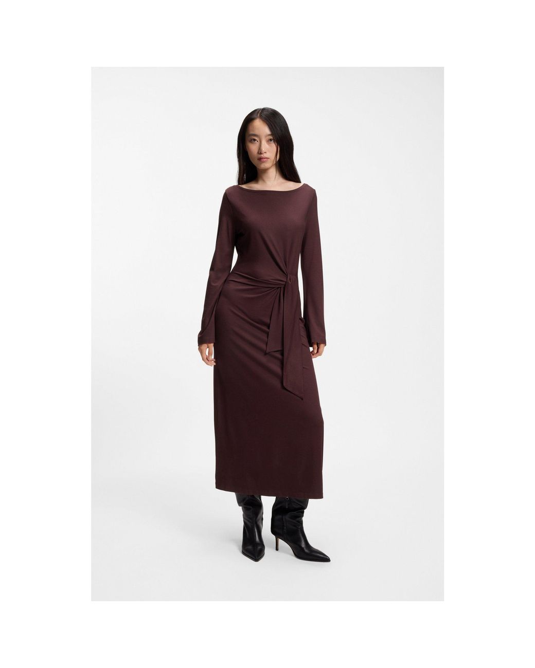 Boss Red Long-Sleeved Jersey Maxi Dress With Tie Waist